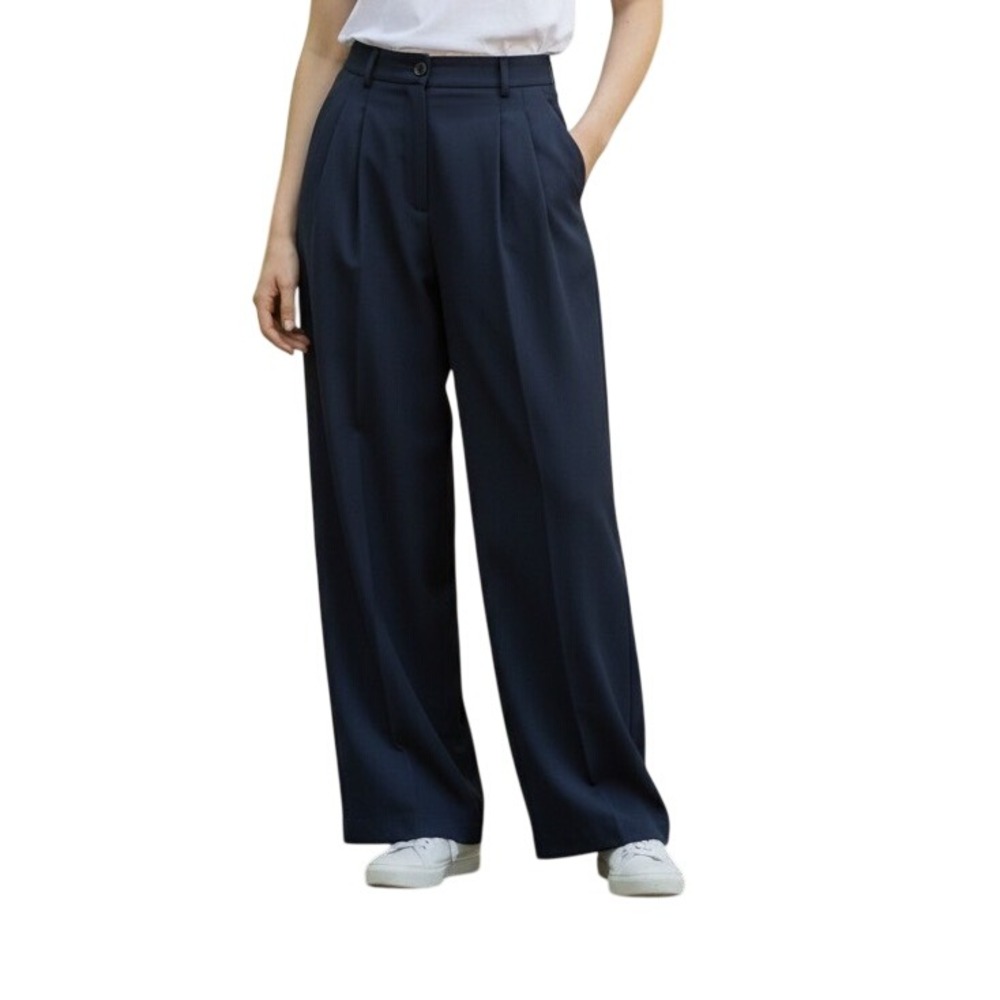 Laura Ashley Vintage Navy Blue 100% Pure New Wool Pleated Wide Leg Trousers 8